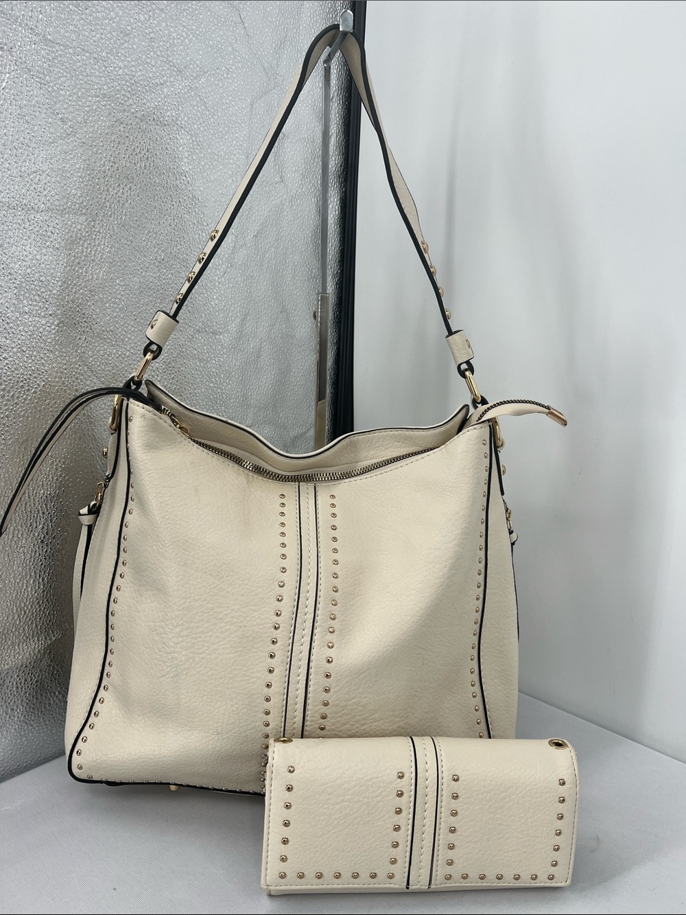 Montana West Cream Stud-Trim Shoulder Bag with Matching Wallet